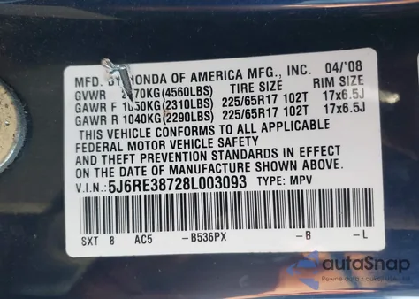 2008 Honda Cr-V Ex-L z USA, uszkodzony, nr VIN 5J6RE38728L003093